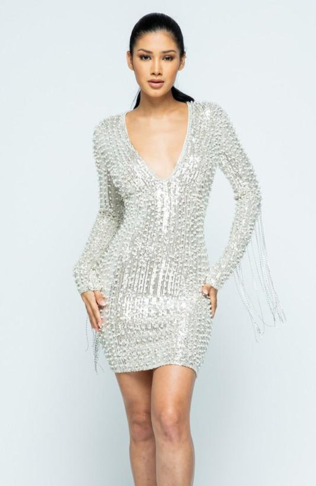 fringe sleeve sequin dress Purple Plunging Neck Gigot Sleeve Sequin Fringe Dress Sassymyprom