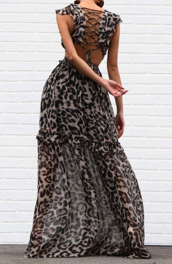 leopard ruffle maxi dress Women's Wild Ruffle Maxi Dress in Brown/Black | Size Small