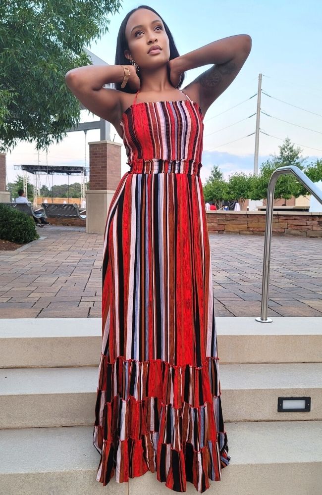 open lace back dress Red Split Thigh Split Maxi Beach Dress in Stripe main image 1
