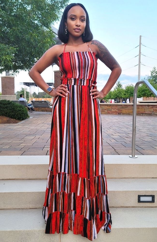 chinese dress ladies Eliza Striped Maxi Dress – Teal Poppy main image 1
