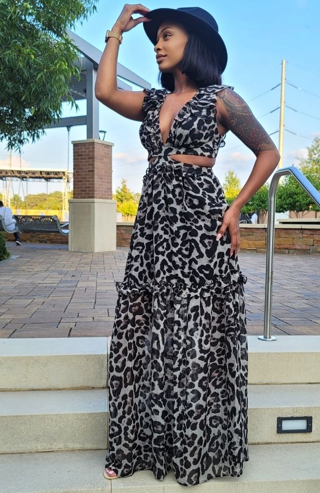 leopard ruffle maxi dress Clare Leopard Doris Ruffle Maxi Dress BLACK-TAN / L by Sugarlips