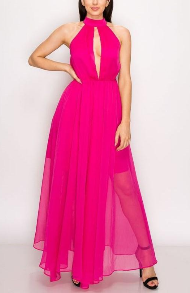 FUCHSIA KEYHOLE HALTER MAXI DRESS  Sweet Peach Boutique