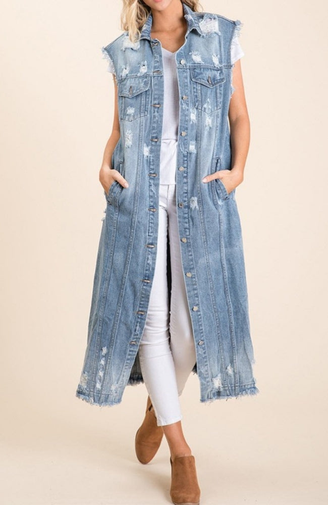 DISTRESSED DENIM FULL-LENGTH VEST – Sweet Peach Boutique